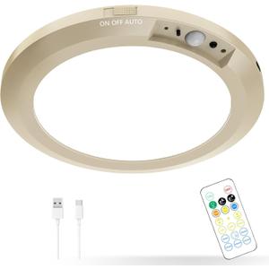 Battery Operated LED Celling Lights Fixture with Auto Motion Sensor, Smart Body Sensor Ceiling-mounted Lamps with 3 Colors/Brightness, Motion Detection Magnetic Celling Lights for Closet Shower-Gold