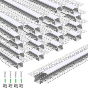 Glooglitter 20 Pack 6.6ft/ 2 Meter Plaster-in LED Channel Trimless Diffuser Channel Recessed Drywall Aluminum LED Profile with End Caps for Wall Drywall Ceiling (0.49 Inch Wide)
