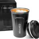 YINBAOGE Insulated Travel Coffee Mug, Spill & Leak Proof, Portable To Go Camping Stainless Steel Coffee Tumbler, Reusable Thermal Coffee Cup with Lid for Hot & Cold Drinks (2nd-Black, 12 OZ)