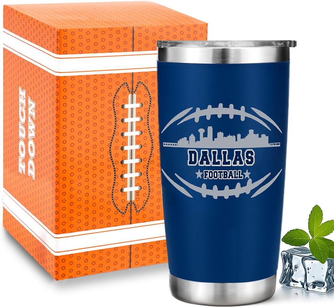 Football Fan 20 Oz Insulated Travel Coffee Cup Mug Tumbler with Lid Dallas Themed Merch Shop Men Women Sport Stuff Gear Apparel Cowboys Team Decor Accessories Husband Boyfriend Dad Cool Birthday Gifts