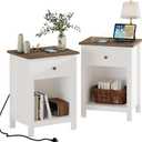 ChooChoo Farmhouse Nightstand Set of 2,Night Stand with Charging Station, Wooden Top Bedside End Table with Drawer and Storage Space for Bedroom, White