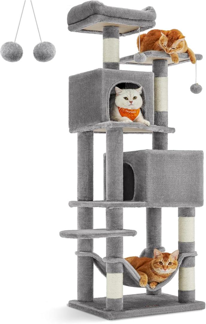 Feandrea Cat Tree, 61-Inch Cat Tower for Indoor Cats, Plush Multi-Level Cat Condo with 5 Scratching Posts, 2 Perches, 2 Caves, Hammock, 2 Pompoms, Light Gray UPCT192W01 (61 Inches)