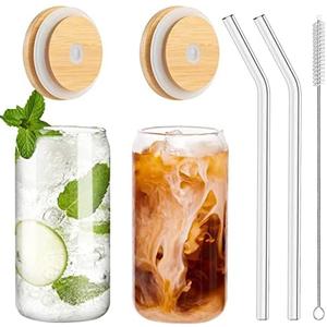 WISIMMALL Drinking Glasses with Bamboo Lids and Glass Straw 2PCS Set, 16oz Glass Cups with Lids, Beer, Iced Coffee Glasses, Soda, Gift 1 Cleaning Brushes (Missing straw and brush)