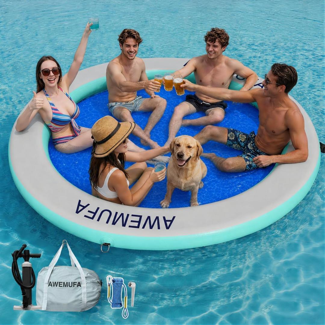 AWEMUFA Inflatable Water Hammock Round Floating Ring with Mesh for Lake, 10ft x 10ft x 8"