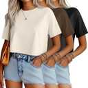 Ficerd 3 Pack Women Crop Tops Half Sleeve Cropped T Shirts Casual Crew Neck Drop Shoulder Loose Summer Solid Color (XX-Large, Black, Brown, Cream White)
