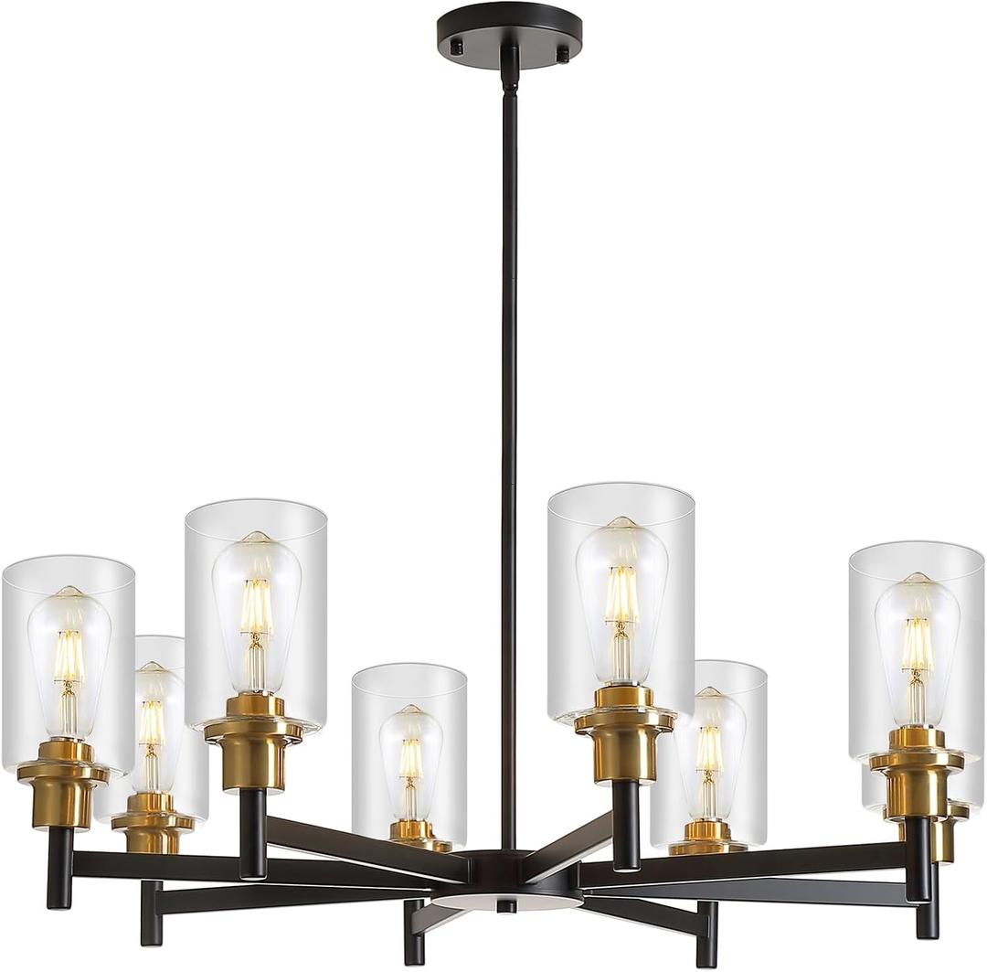 9MMML Farmhouse 8-Light Glass Chandelier, Modern Black and Gold Chandelier for Kitchen Dining Room Light Fixture Over Table, Industrial Chandelier for Living Room, Foyer, Entryway, E26 Bulb Base, 31.5"