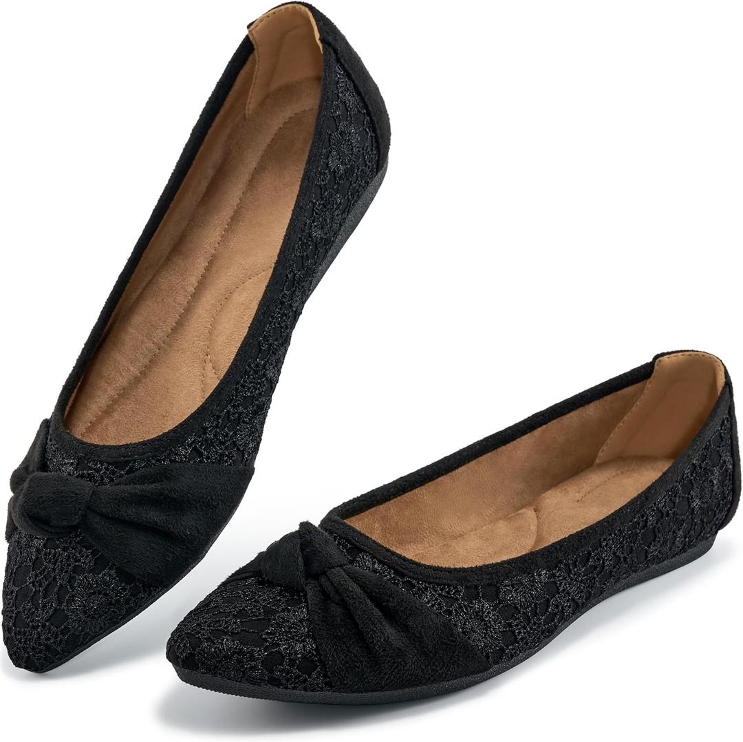 Ablanczoom Dress Shoes for Womens Flats: Dressy Comfortable Pointed Toe Bow Lace Mesh Ballet Flat Wedding Bridal Shoe for Women (7, Black)