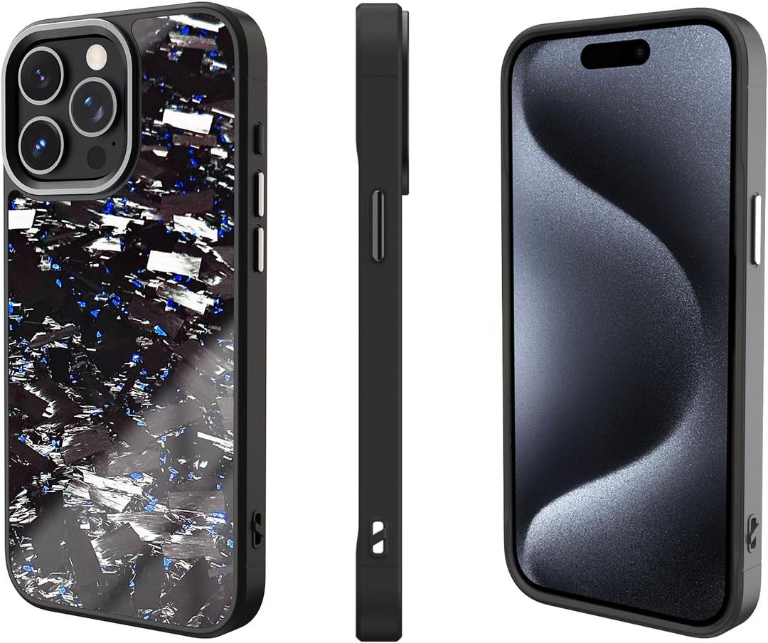 Genuine Forged Carbon Fiber Case for iPhone 15 Pro Max, Military Grade Drop Protection, Shockproof Phone Cover with Aluminum Alloy Buttons and Camera Frame - Glossy Blue