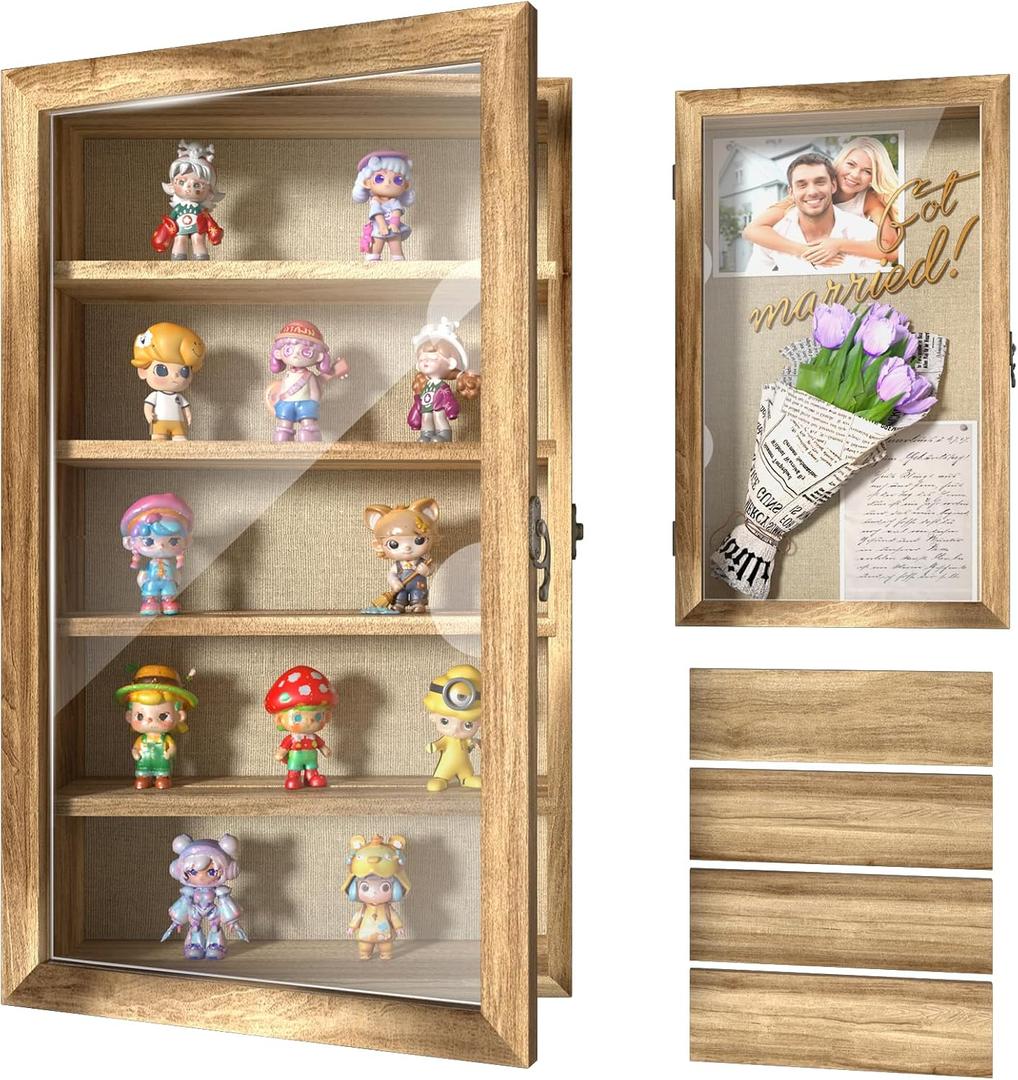 REFGY 16x9 Extra Deep Shadow Box Display Case with 4 Removable Shelves Large Wooden Shadow Box Frame for Figurines & Collectibles Deep Shadow Box with Magnetic Front Loading Door