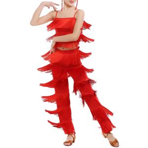 Women's Latin Tassel Dance top and Pant 2 piece sets for Ballroom Rumba Tango Salsa, Size: 6-7 Years