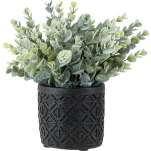 MyGift Artificial Eucalyptus Plant in Modern Gray Concrete Pots with Geometric Embossed Pattern (1, Black)