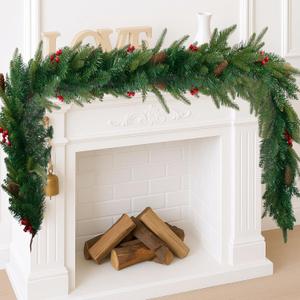 6FT Christmas Garland Artificial Norfolk Pine Tree Greenery, Cedar Cypress with Red Berries Pine Cones, Realistic Winter Holiday Mantel Fireplace Door Table Decor, Indoor Outdoor