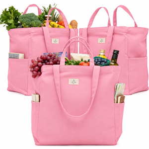 Nook Theory 3-Pack Reusable Grocery Bags - Heavy Duty, Large 12 Oz Cotton Canvas Reusable Shopping Bags With Pockets, 100% Cotton Cloth Grocery Totes, Foldable Multi Compartment (Pink)