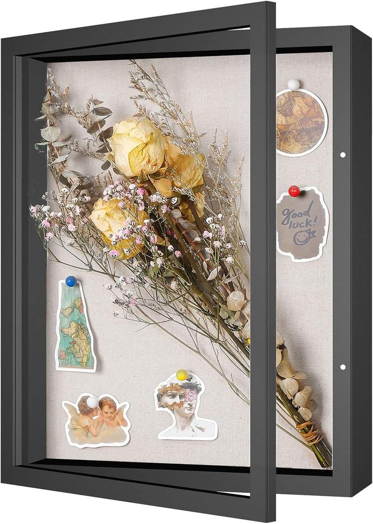 Califortree 11x14 Shadow Box Frame with Linen Back  Sturdy Memory Display Case of Flower, Pictures, Medals and More, Black