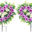 Lodou 2 Sets Artificial Cemetery Flowers, Grave Memorial Flowers with Ground Spike,Heart Shaped Wreaths Rose Flowers for Artificial Rose Decoration for Cemetery Headstones Gravesites (Purple)