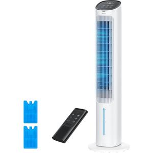 DREO Evaporative Air Swamp Cooler, 40 Standing Fans that Blow Cold Air, 80 Oscillating Bladeless Cooling Fan for Bedroom, Removable Water Tank, Ice Packs, Remote Control, 4 Speeds, 7H Timer, White
