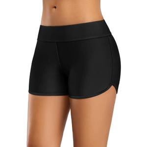 ALove Swim Shorts Womens Stretchy Sporty Bathing Suit Bottoms Side V Slit Boyshorts Swimsuit Board Shorts (Medium, Solid Black)