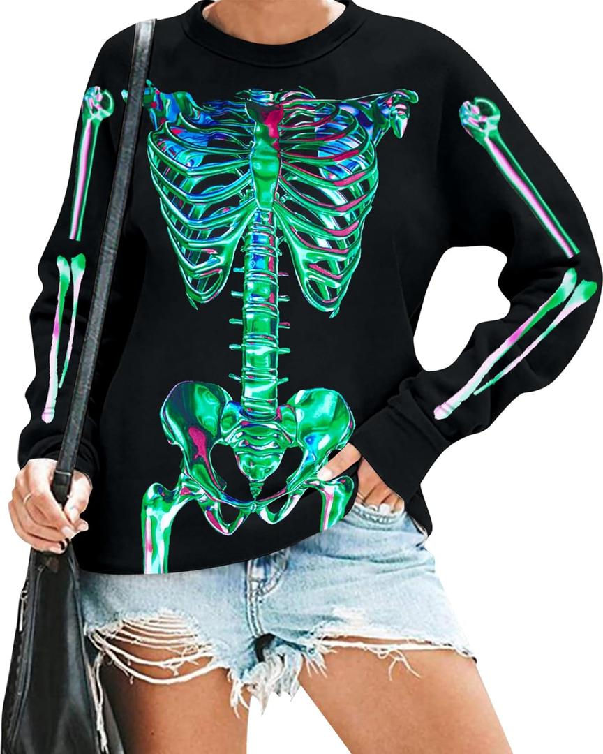 Women Gothic Skeleton Sweatshirt Punk Oversized Skull Graphic Sweater Y2K Halloween Long Sleeve Hoodies Pullover (Black)