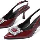 Women's Slingback Kitten Heels Closed Pointed Toe Dress Shoes with Rhinestone Wedding Party Pumps Patent Leather Dating Working (7.5, Burgundy Red)