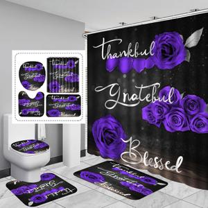 4Pcs Purple Rose Shower Curtain Sets, Thankful Grateful Blessed Bathroom Curtain with Non-Slip Rug, Toilet Lid Cover, Bath Mat and 12 Hooks, Romantic Showy Floral Wedding Decor for Bath, 72 x 72 inch