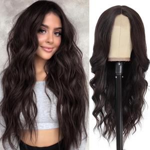 NAYOO Long Wavy Wigs for Women Dark Brown Middle Part Wig Synthetic Heat Resistant Fiber Women Wigs for Daily Party Use 26 Inch (Dark Brown)