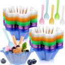Vmiapxo 100 sets 8 oz Disposable Ice Cream Bowls and Spoons, Flower Shape Plastic Sundae Cups, Ice Cream Bar Supplies, Colorful Dessert Cups for Shaved Ice, Parfait, Strawberry, Yogurt