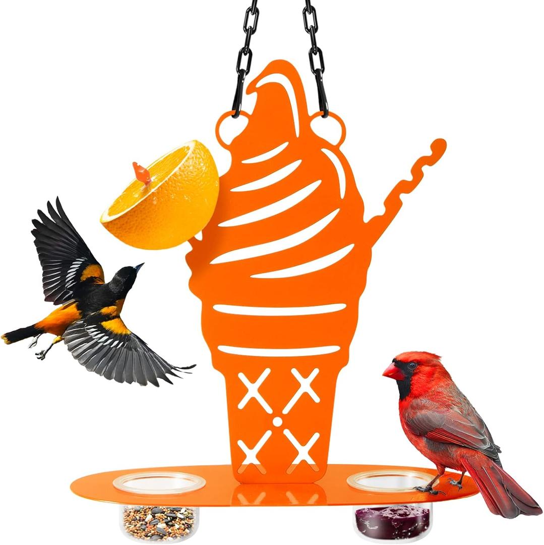 Oriole Metal Bird Feeder for Outdoor Jelly and Oranges, Baltimore Oriole Jelly Bird Feeder with Ice Cream Design for Outdoors Hanging (Orange)