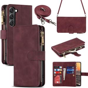 ICoverCase for Samsung Galaxy S23 Wallet Case with Card Holder, Kickstand Feature PU Leather Case with Adjustable Crossbody Lanyard Magnetic Clasp Zipper Pocket Flip Cover (Claret)