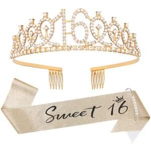 16th Birthday Tiara and Sash Kit- "Sweet 16"Birthday Decorations 16th Birthday Party Gifts Birthday Party Supplies for Girls (gold)