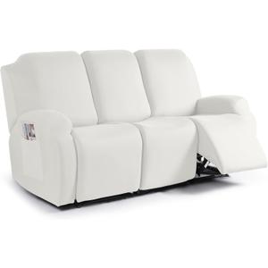 TAOCOCO Recliner Sofa Slipcover, 3 Pieces Polyester Fabric Stretch Sofa Covers for 3 Seat Reclining Couch, Soft Washable Furniture Protector with Pockets (3 Seat, Milk White)