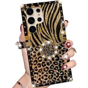 Changjia for Samsung Galaxy S26 Ultra Glitter Leopard Print Case,Cute Bling Sparkle Vintage Cheetah Print with Ring Kickstand Golden Plating Bumper Shockproof Case for Girls Women for Galaxy S26 Ultra