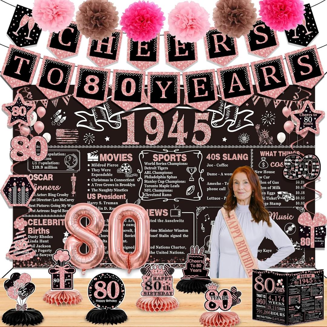 80th Birthday Decorations for Women, 24PCS 1945 Decorations Including Banner, 6 Honeycomb Topper, 80 Balloons, Cheers to 80 Years, 7 Hanging Swirl, 6 Paper Poms, Anniversary Card, Sash
