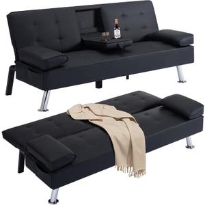 Faux Leather Sleeper Loveseat Futon Sofa Bed with Cup Holders, Button Tufted Folding Convertible Love Seat Lounge Sofabed Reversible Daybed with Pillow Armrests, Metal Legs for Living Room Apartment