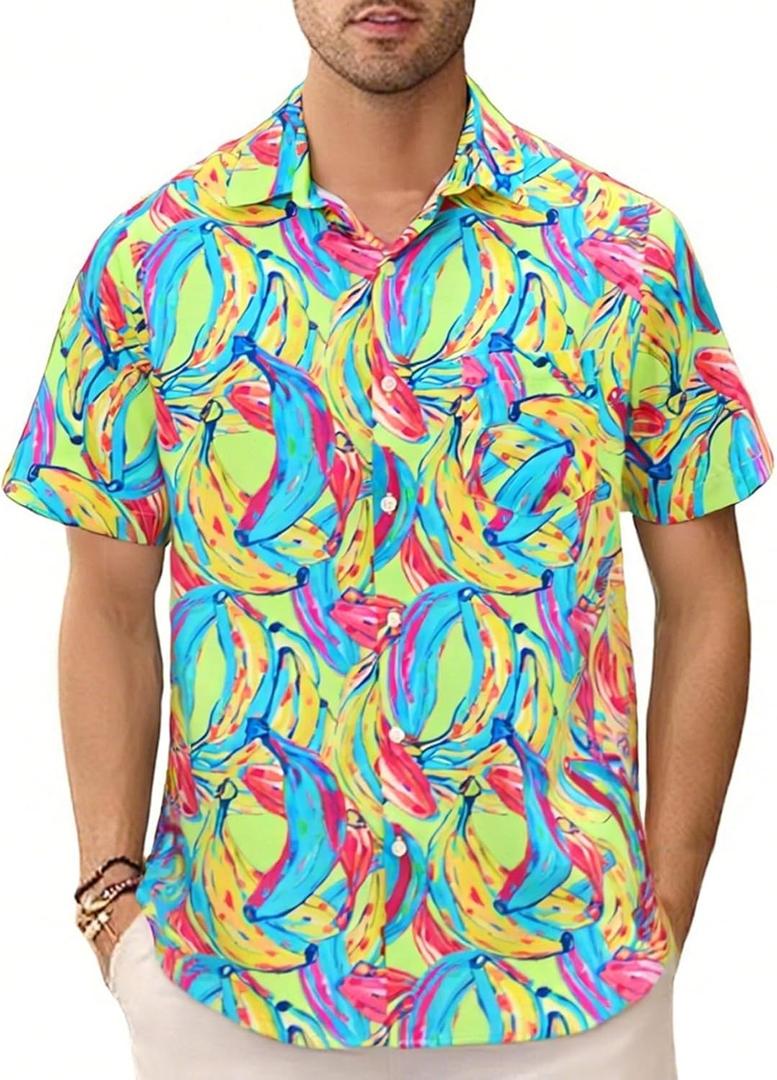 GSOU SNOW Mens Hawaiian Shirt Quick Dry Short Sleeve Tropiacl Floral Button Down Shirts for Beach Summer Vacation (L)