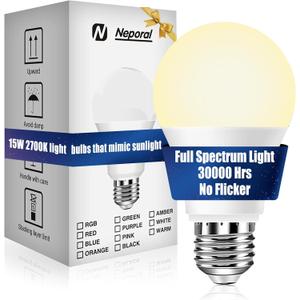 Neporal 15W Full Spectrum Light Bulb, 2700K UV-Free Natural Sunlight Bulbs, 15W 100W Equivalent LED Light Bulb, CRI 90+, No Flicker, 1200Lumen Daylight Sun Light for HumansHome & Office,1PK