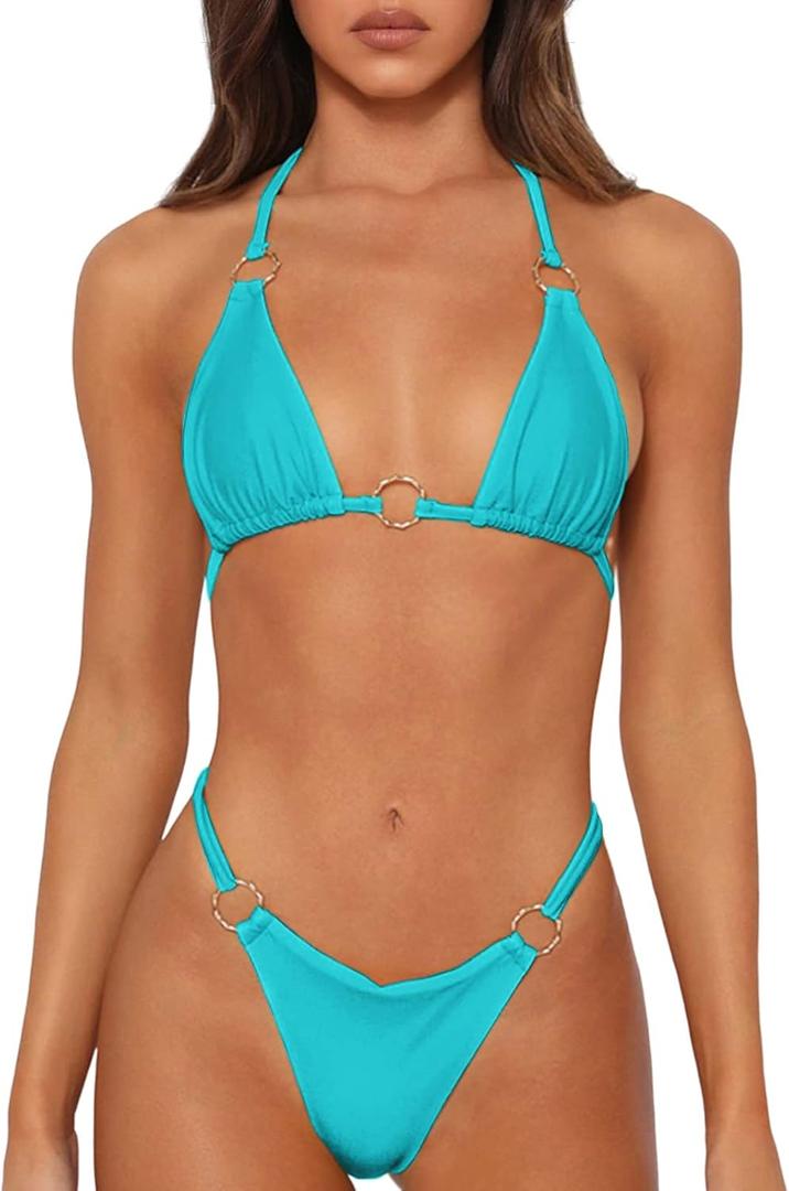 Sexy Bikinis for Women 2 Piece Bikini Spaghetti Strap Swimsuits Solid Color Bathing Swimwear Triangle Bathing Suit (Small, Lake Blue)