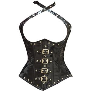 Women Black PVC Underbust Corset Steel Boned Waist Trainer with Buckles & Neck Strap – Gothic Steampunk Corset 2Pcs XL