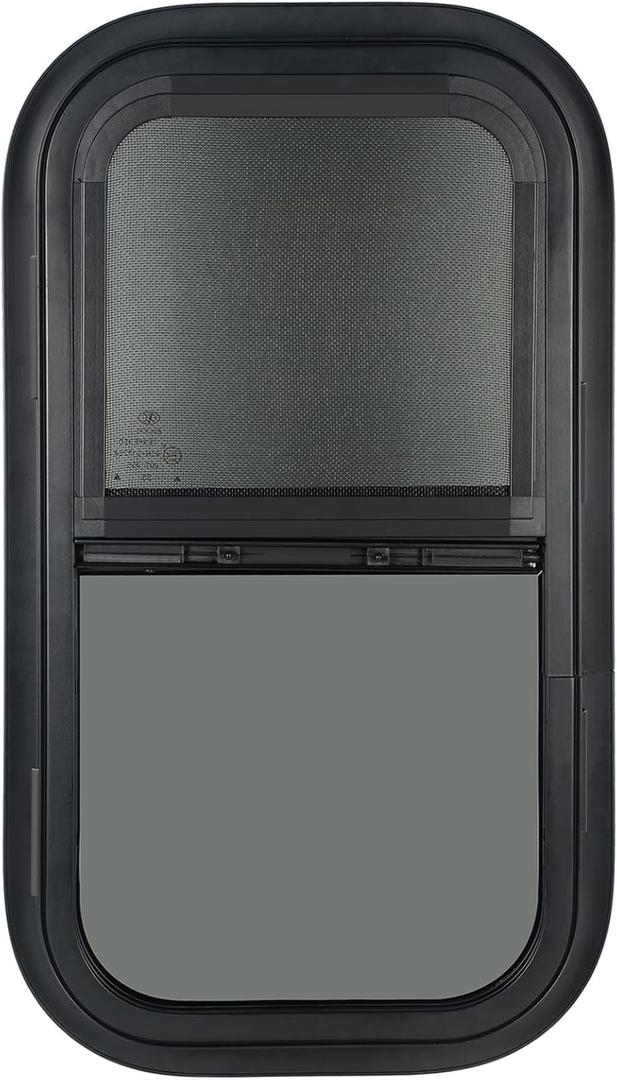Vertical RV Window, 12" W x 22" H Tinted Sliding RV Window with Net Screen and Trim Ring, Suitable for 1-1/8" Thick Walls, DOT Approved