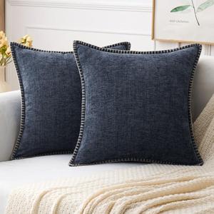 MIULEE Pack of 2 Couch Throw Pillow Covers 20x20 Inch Navy Blue Farmhouse Decorative Pillow Covers with Stitched Edge Soft Chenille Solid Dyed Spring Pillow Covers for Sofa Bed Living Room