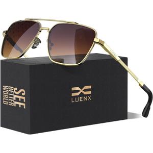 LUENX Mens Women Polarized Sunglasses Aviator, Square Polygon Lens Driving UV 400 Protection With Accessories 58mm Small (Gradient Brown Lens/Gold Frame)