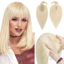 Hairro Human Hair Toppers with Bangs, 3D 360 Cover with 2.8"x5.1" Base, Clips in 100% Real Hairpieces for Women, for Covering Thinning Greyish Hair on Top, 18 Inch Blond Platinum