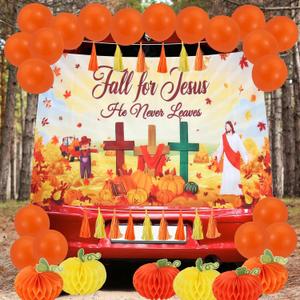 Rainmae Christian Fall Trunk or Treat Car Decorations Kit Include 72.8" x 43.3" Fall for Jesus Backdrop, Paper Tassels, Honeycomb Pumpkins, Orange Balloons for SUV Archway Garage RV Door Decor