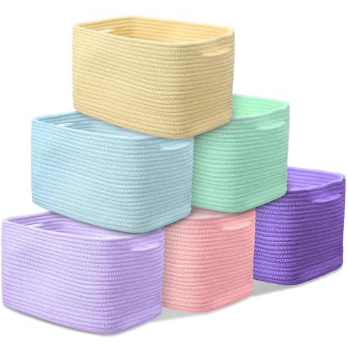 Hushee 6 Pack Cotton Rope Storage Baskets for Organizing Shelves 15''x10''x9'' Larger Woven Toy Storage Basket Cube Bin Decorative Organizer for Clothes Toys Books Towels Nursery(Pastel Style)