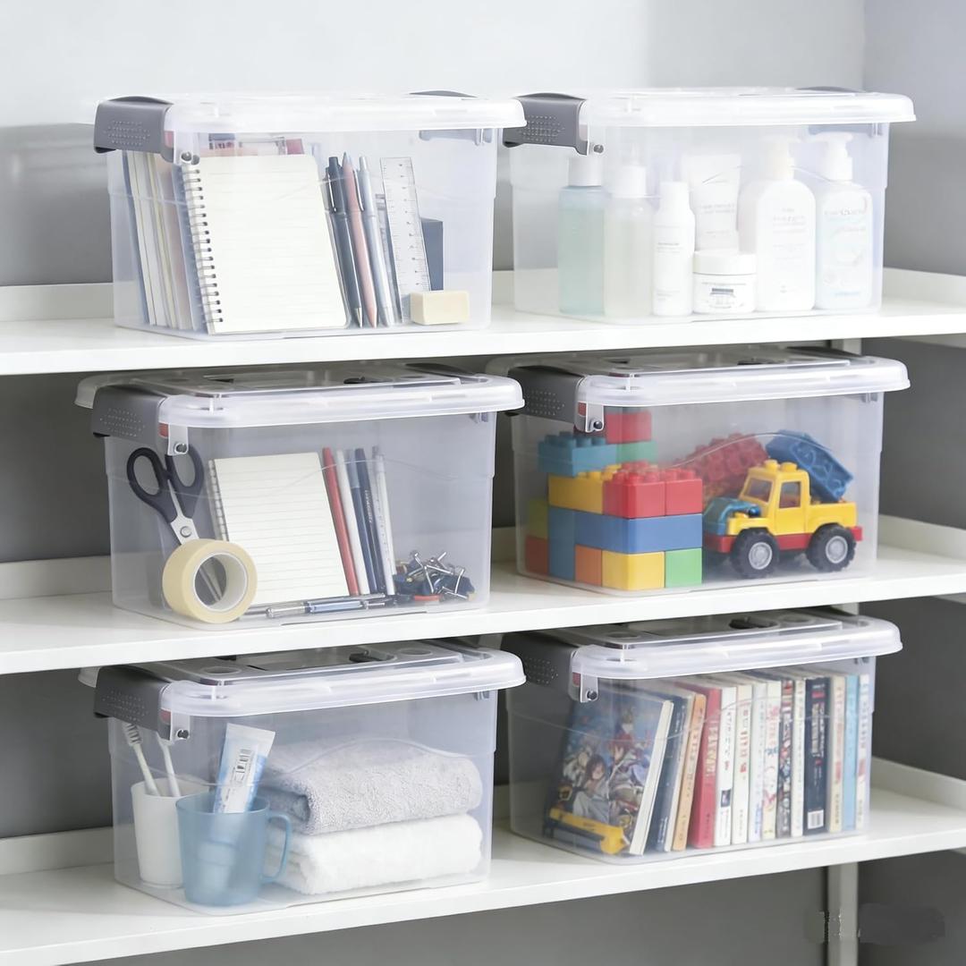6-Pack Home Storage Bins, 2-Pack 11"x7", 4-Pack 9"x6", Plastic Container, Latching Box with Handle (Grey and White handle)