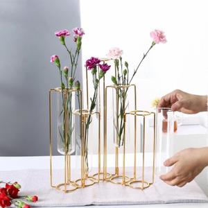 Gold Vases for Centerpieces - Glass Test Tube Vase for Flowers with Metal Hinged Plant Stand, Display Set Table Centerpieces Hydroponic Propagation for Wedding Table Home Decor (No.02)