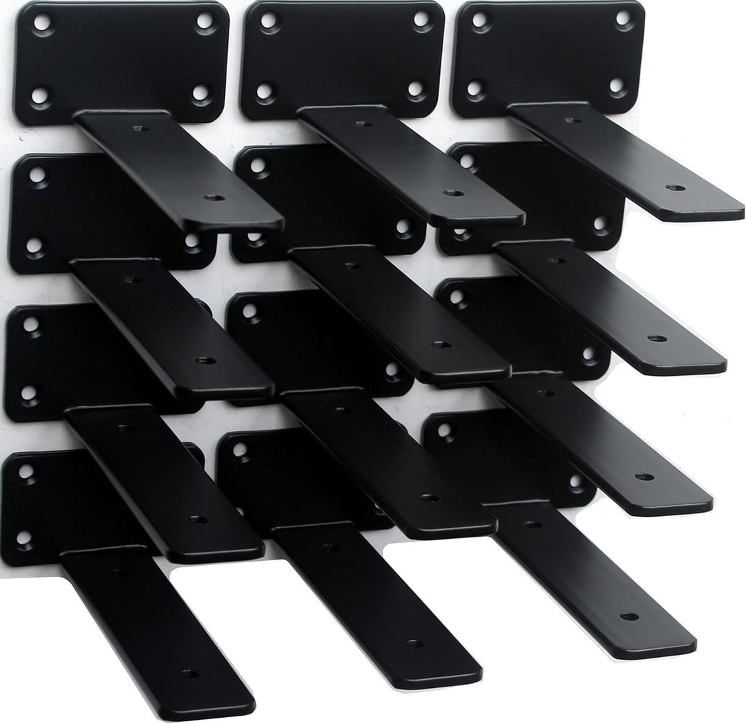 12 Pack - 5 inch Black Hidden L Shelf Bracket (1/5 Inch Thicked) Iron Floating Shelf Brackets Rustic Industrial Metal Brackets for Shelf Support