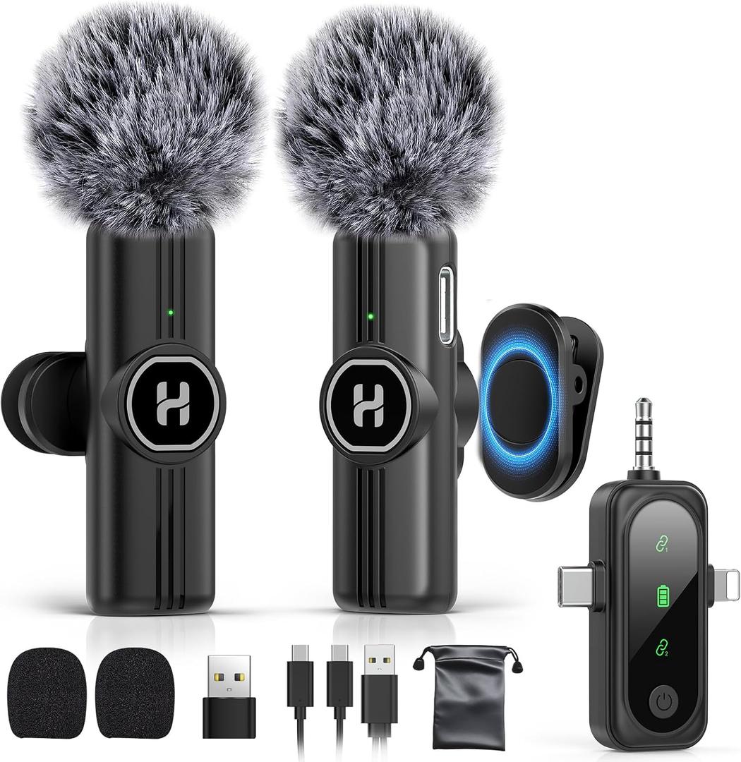 HEHOTTC 3 in 1 Mini Wireless Lavalier Microphone for All Devices (iOS, Andriod, Camera, PC) - Noise Reduction Lapel Mic for Recording, Clip on Omni Lav Mic for Video Recording, Tiktok, YouTube, Vlog (Without Charging Case, Matte Black)