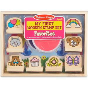 Melissa & Doug My First Wooden Stamp Set Favorites (8 Stamps with Handles, 2 Washable Ink Pads) Wooden Kids Stamps With Handles Set, For Kids Ages 3+