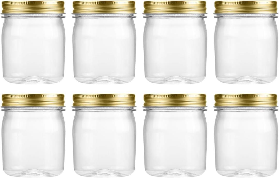 novelinks 8 oz Clear Plastic Jars with Airtight Lids, 8 Pack Plastic Mason Jars with Lids 8oz, Refillable Storage Slime Containers & Small Spice Jar for Kitchen Organization (8 Pack,Gold)