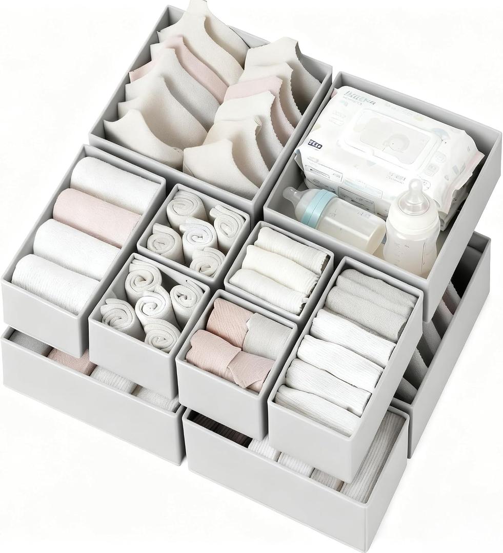 Criusia Drawer Organizer Clothes 12 Pack, Dresser Organizer for Nursery Bedroom Closet Organization and Storage - Baby Clothes Organizer Bins - Drawer Divider for Sock Underwear Bra Ties (Grey)